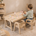 Ensemble table enfant + 2 chaises + banc en bois massif | Mobilier Montessori naturel – Fabriqué en France